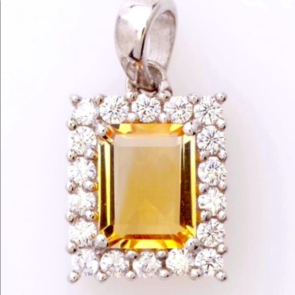 Emerald Cut Citrine Halo Sterling Silver Pendant